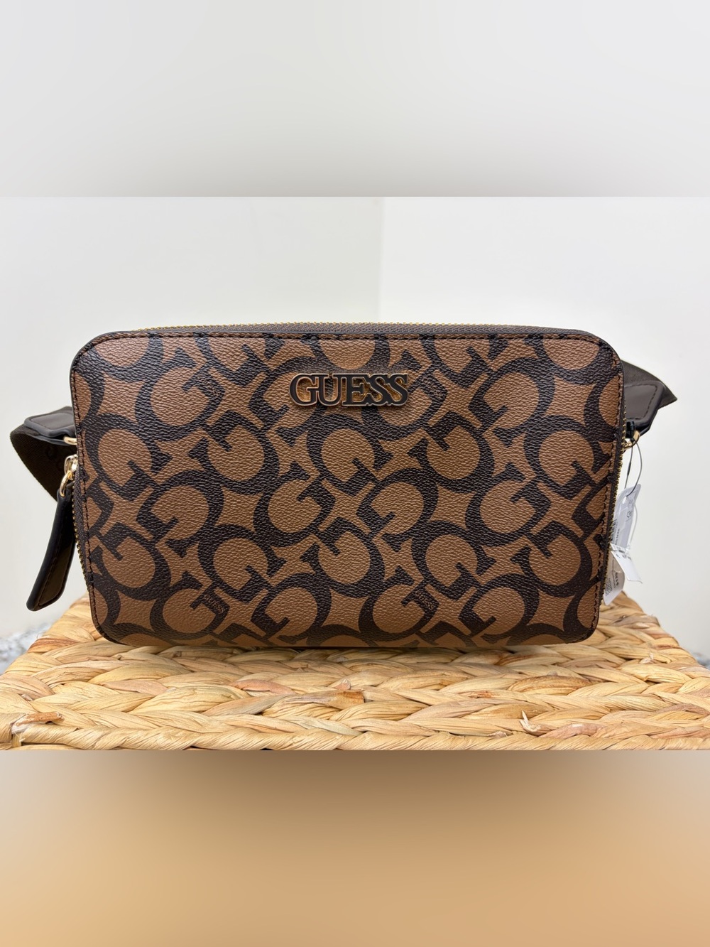 GUESS Brown Logo-Print Crossbody Bag with Dark Brown Trim